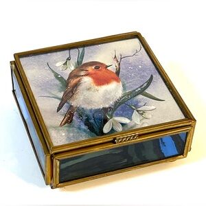 VTG Enesco Thomas Cathy Square Trinket Box Robin Bird Stained Glass Holographic